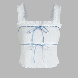 Square neck ruffle hem bowknot tank top